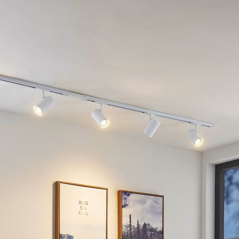 Sistema a binario Lindby Linaro, GU10, 4 luci, bianco, Ø 6 cm Linaro Lindby, dimmerabile, Bianco / Opale, Corridoio, Metallo, Moderno