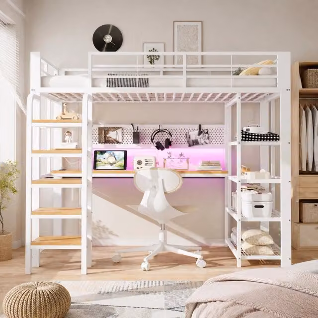 Letto a soppalco multifunzione 90x200 cm; LED multicolore; scrivania e prese integrate; bianco