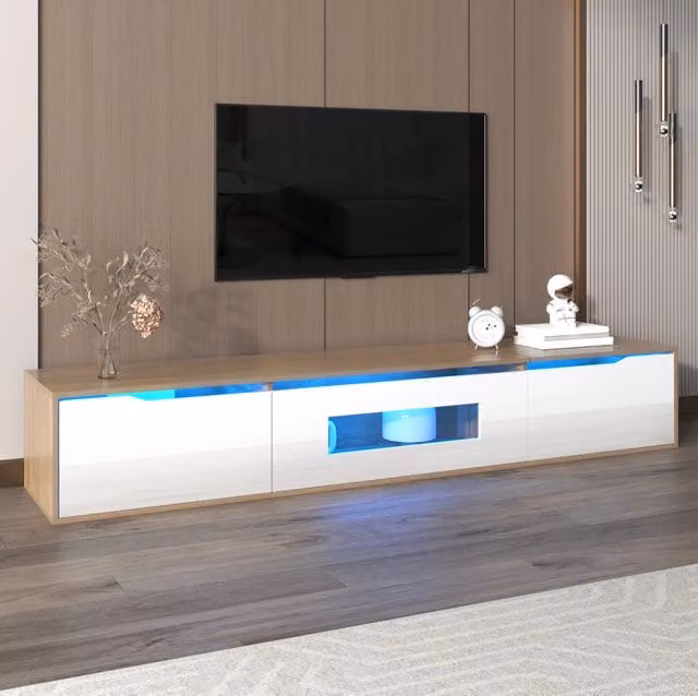 Mobile TV in legno e bianco lucido 180x35x30 cm con LED colorati integrati