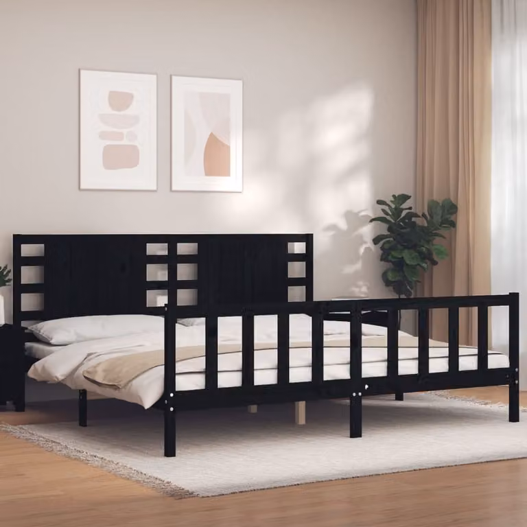 The Living Store Letto in legno massiccio con testiera nera 200x200 cm
