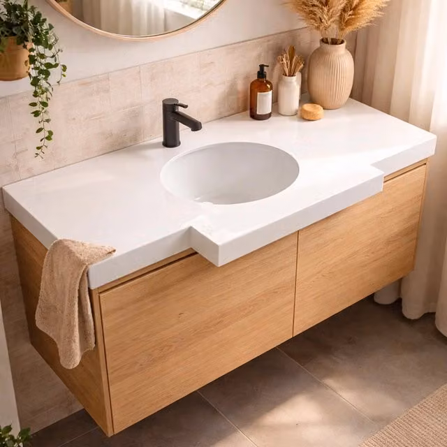 Lavabo da incasso Tezeta YJ12250 con top in pietra sinterizzata e vasca ovale in ceramica bianco lucido L: 122 cm, P: 50 cm, H: 6 cm