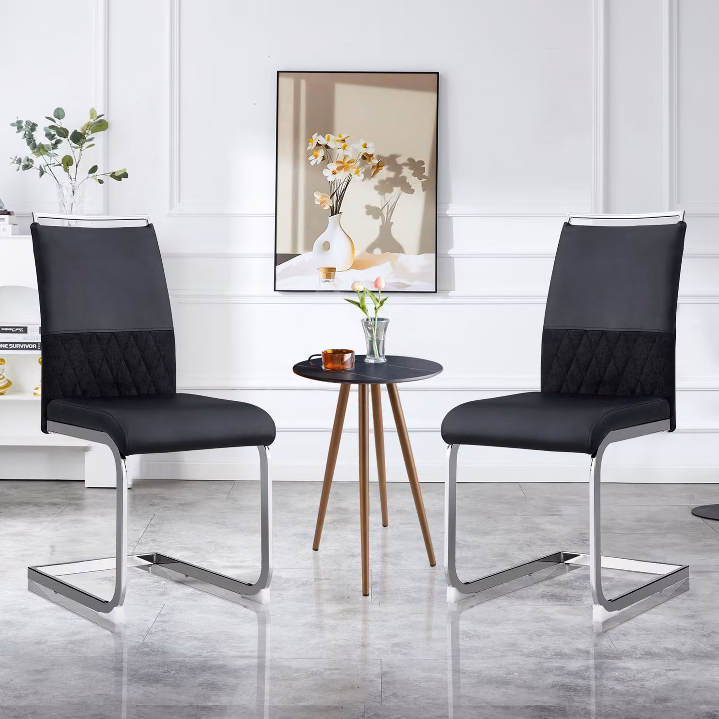 Sedie per sala da pranzo Flieks, set di 2 sedie imbottite, sedia da ufficio a sbalzo con schienale, sedia da cucina con rivestimento in ecopelle, nero