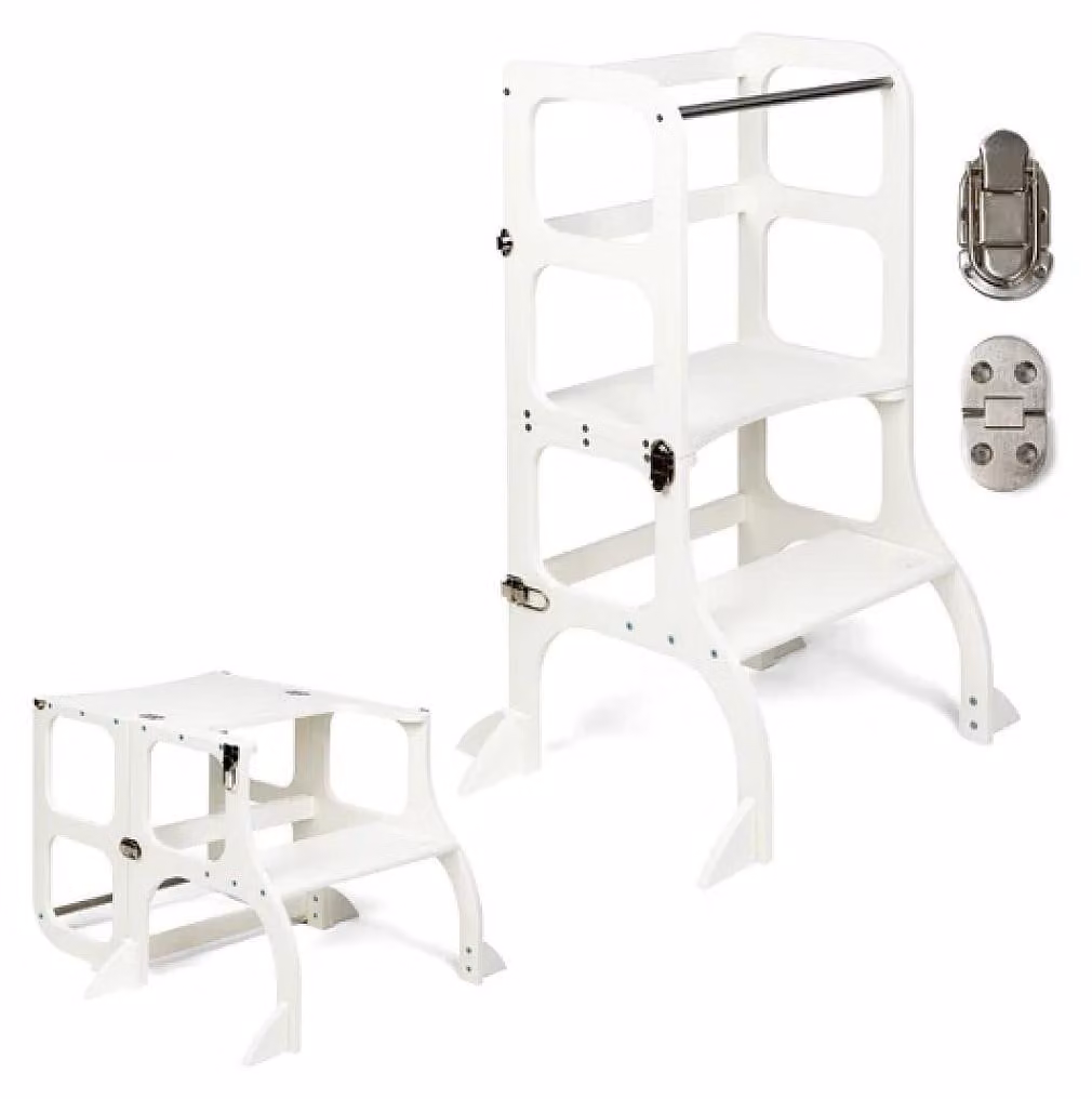 Ette tete Learning Tower - Tavolo Step'n'Sit, chiusure bianche/argento, supporto aggiuntivo