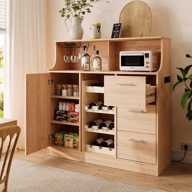 Mobile bar con portabottiglie in legno; portabicchieri; presa integrata e LED naturale e bianco 120 × 40 × 121 cm