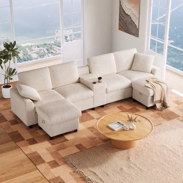 Divano panoramico a U con 2 pouf contenitore, tavolino, porte USB e prese di corrente, in velluto a coste beige