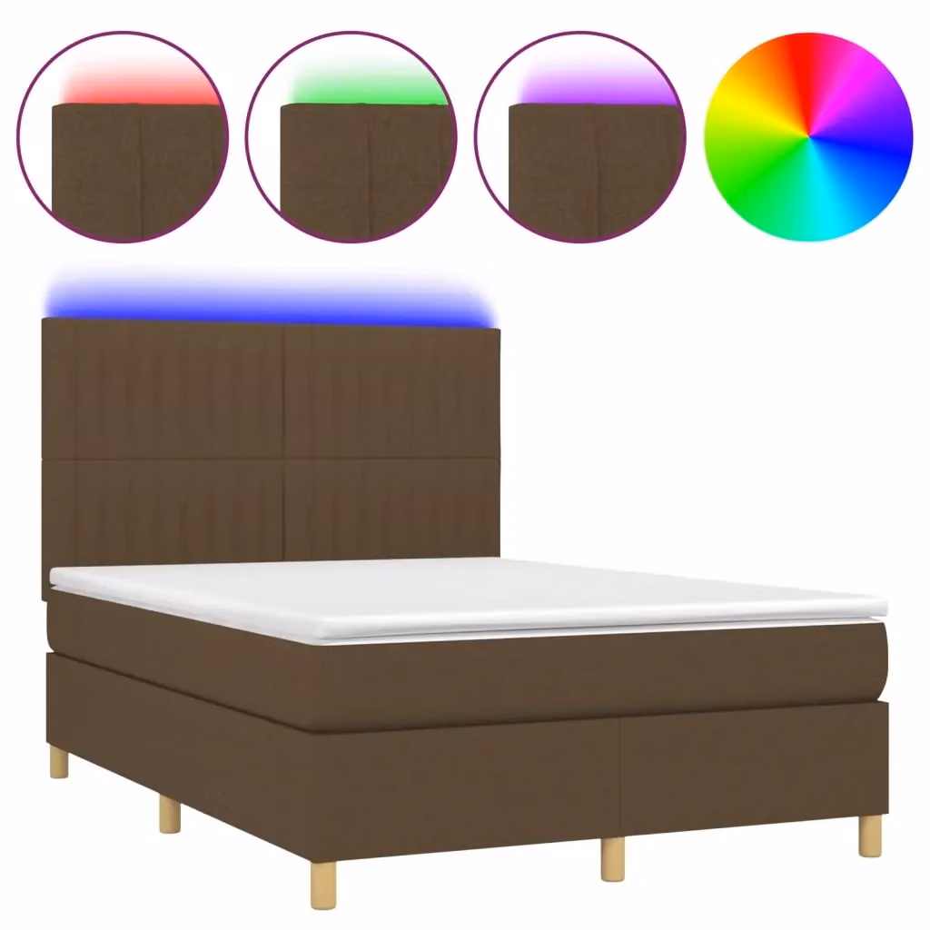Letto con Materasso a Molle e Illuminazione LED vidaXL in Tessuto Marrone Scuro L/P/H: 140 x 190 cm – 2