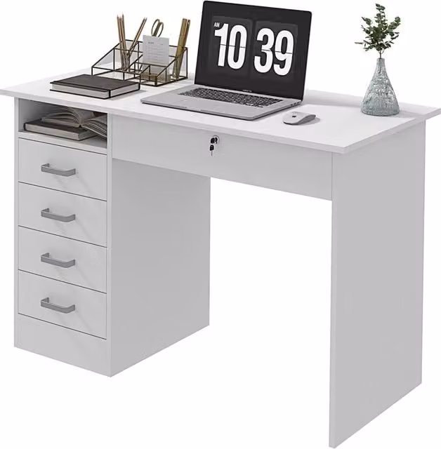 Scrivania moderna con 5 cassetti, piano grande, ripiano aperto, cassetto a chiave ¨C zephmum ¨C bianco, multistrato, 110x50x76cm