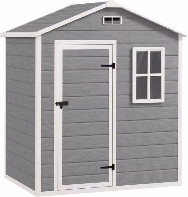 Capanno da Giardino 182x121x200 cm Box con Pavimento Finestra Porta con Serratura e Prese d'Aria in Plastica Grigio