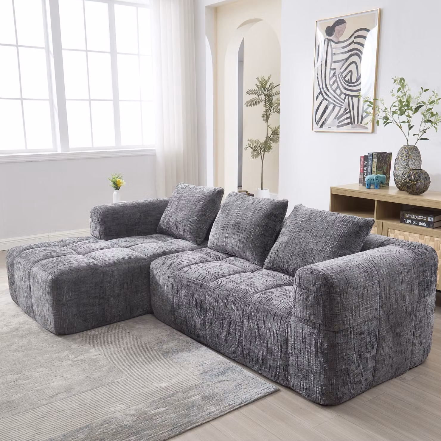okwish, divano angolare, divano modulare, divano moderno in tessuto chenille con braccioli e 3 cuscini, divano da soggiorno con tasca laterale per il telecomando, grigio