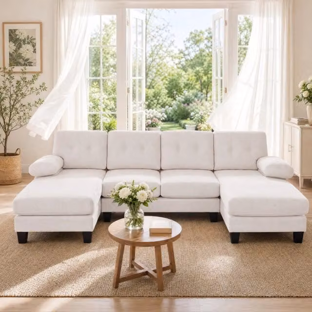 Divano a U 4-6 posti con doppia chaise longue in ciniglia beige 268 cm HOMVRA