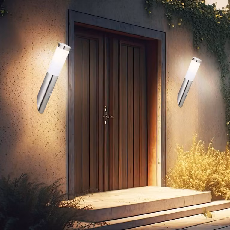 2 lampade da parete, acciaio inossidabile, con sensore di movimento, grado di protezione IP44, altezza 40 cm