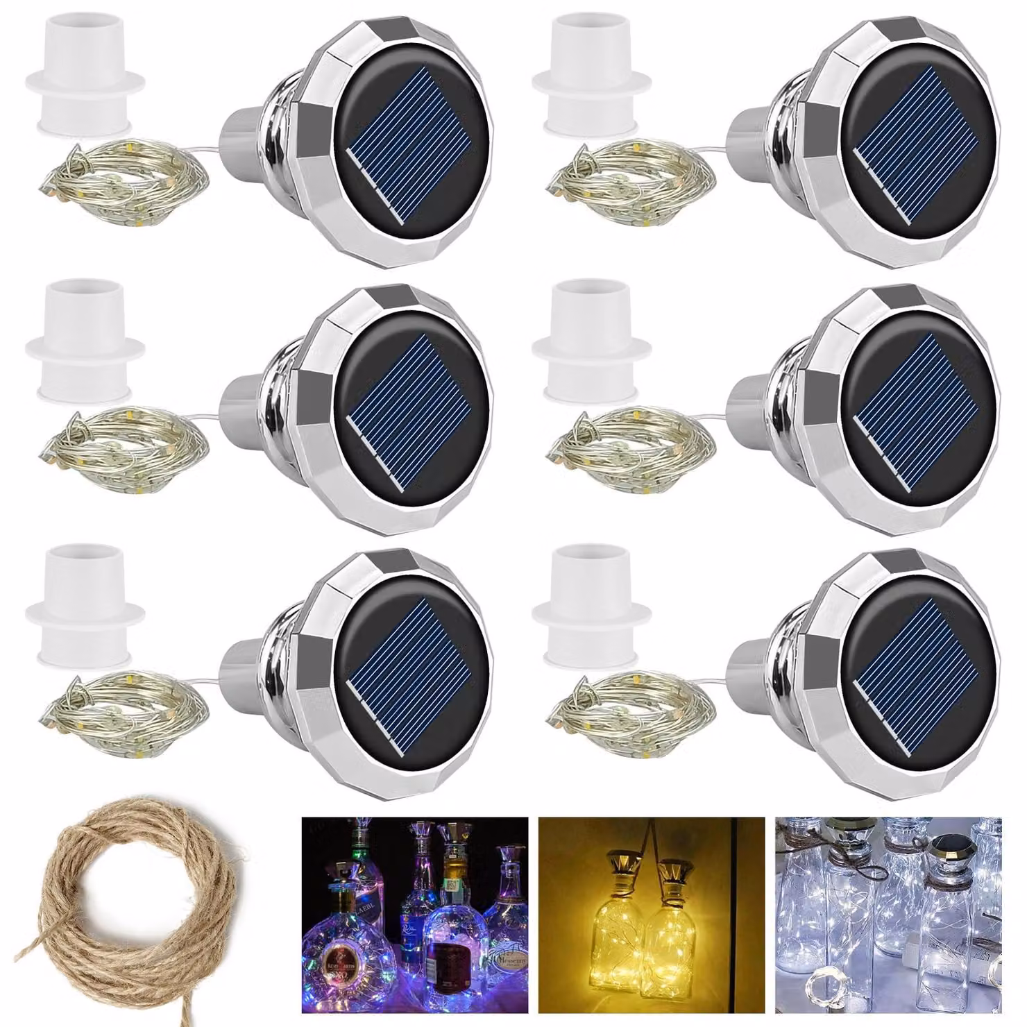 6 luci solari a forma di bottiglia, 20 LED, 2 metri, forma a diamante, filo di rame