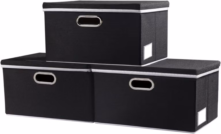 Contenitori con coperchio, set da 3, 29x22x17 cm, in lino, colore nero, per l'ufficio