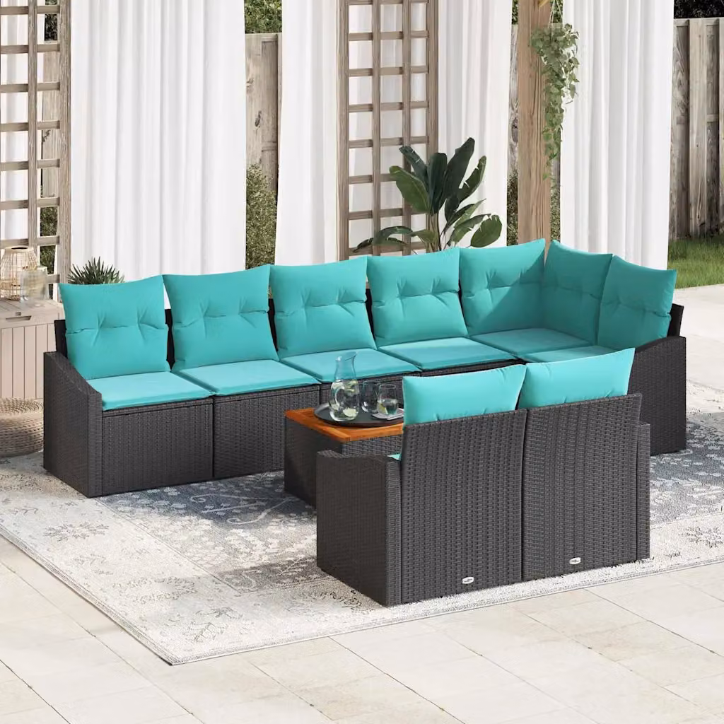 Set Divano da Giardino vidaXL 9 pz in Polyrattan Nero con Legno di Acacia e Cuscini Turchesi