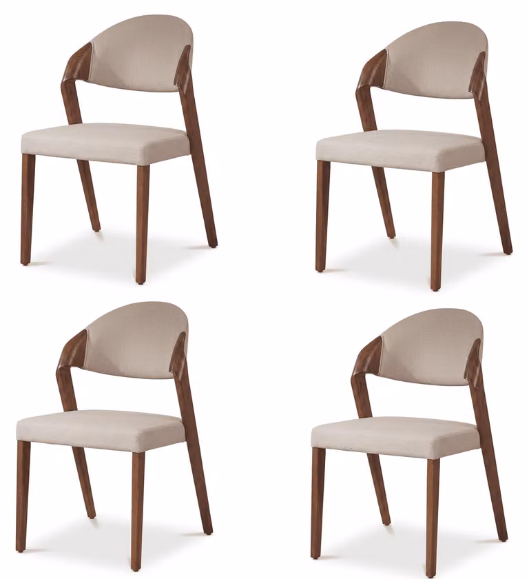 Set di 4 sedie da pranzo in stile scandinavo moderno, colore beige, rivestimento in tessuto, gambe in legno di noce