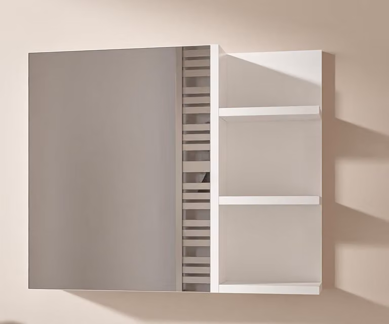 Armadietto Bagno Bianco con Specchio e Ripiani 60x50 cm Pensile Bagno 1 Anta Apertura Senza Maniglia Ripiani a Destra