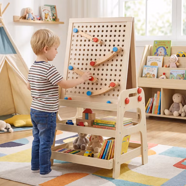 Cavalletto creativo Costway 2 in 1 per bambini con lavagna magnetica, pista per biglie e accessori multicolore