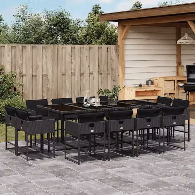 Set da Pranzo da Giardino 13pz con Cuscini Nero in Polyrattan 3211399