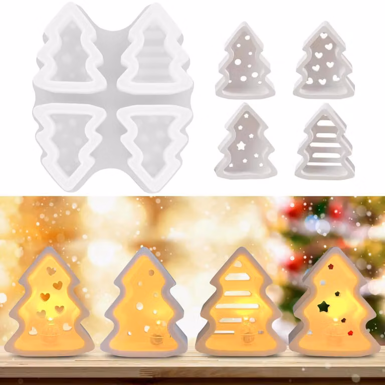 Stampi in silicone per la creazione di oggetti, tema natalizio, set da 4 pezzi: alberelli di Natale, portacandele per tealight, stampi per cera di soia, sapone, gesso, artigianato