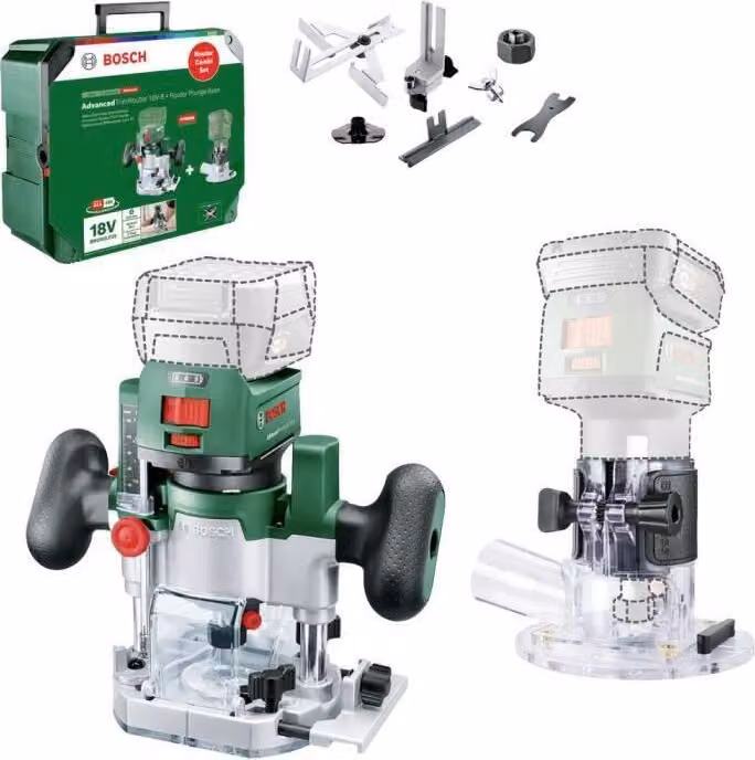 Bosch AdvancedTrimRouter 18V-8 Fresatrice portatile a batteria, incl. base a immersione per fresatrice, tecnologia brushless, 1,1 kg, senza batteria, senza caricabatteria 06039D5002