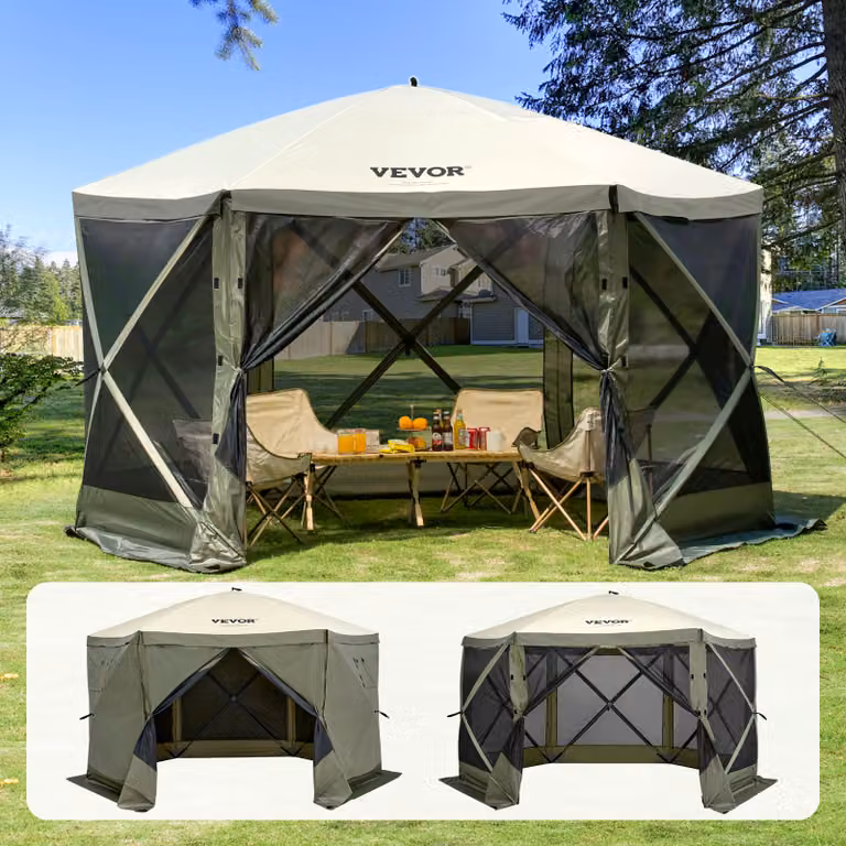 Tenda a padiglione pop-up VEVOR, tenda pop-up con tettoia a 6 lati, protezione solare 12 x 12 piedi, tenda a montaggio rapido con zanzariera, verde militare