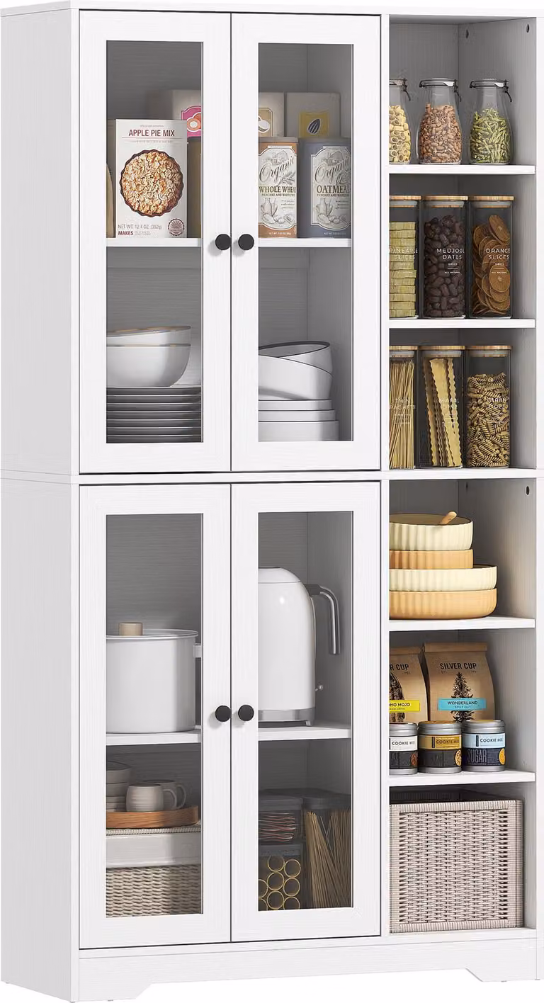 HOMCOM Credenza da cucina con 4 ante in vetro con chiusura ammortizzata e 6 ripiani aperti