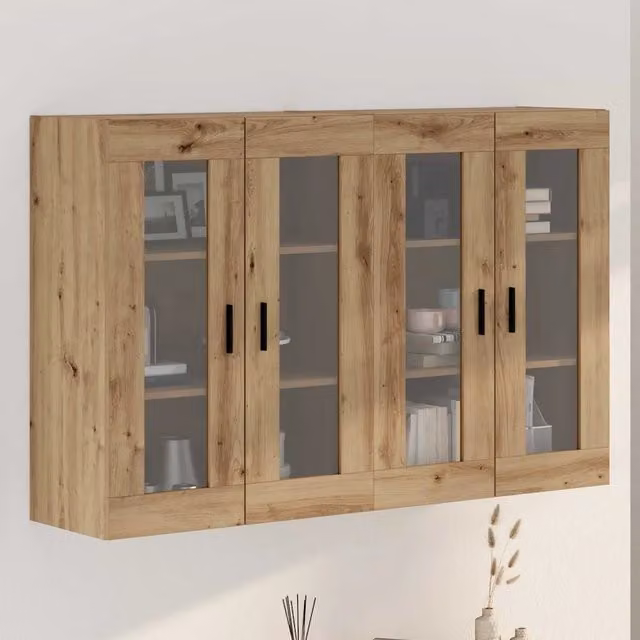 Set di 2 armadi da muro vidaXL in legno rovere color marrone con ante in vetro e ripiani interni, L: 69,5 cm, P: 34 cm, H: 90 cm