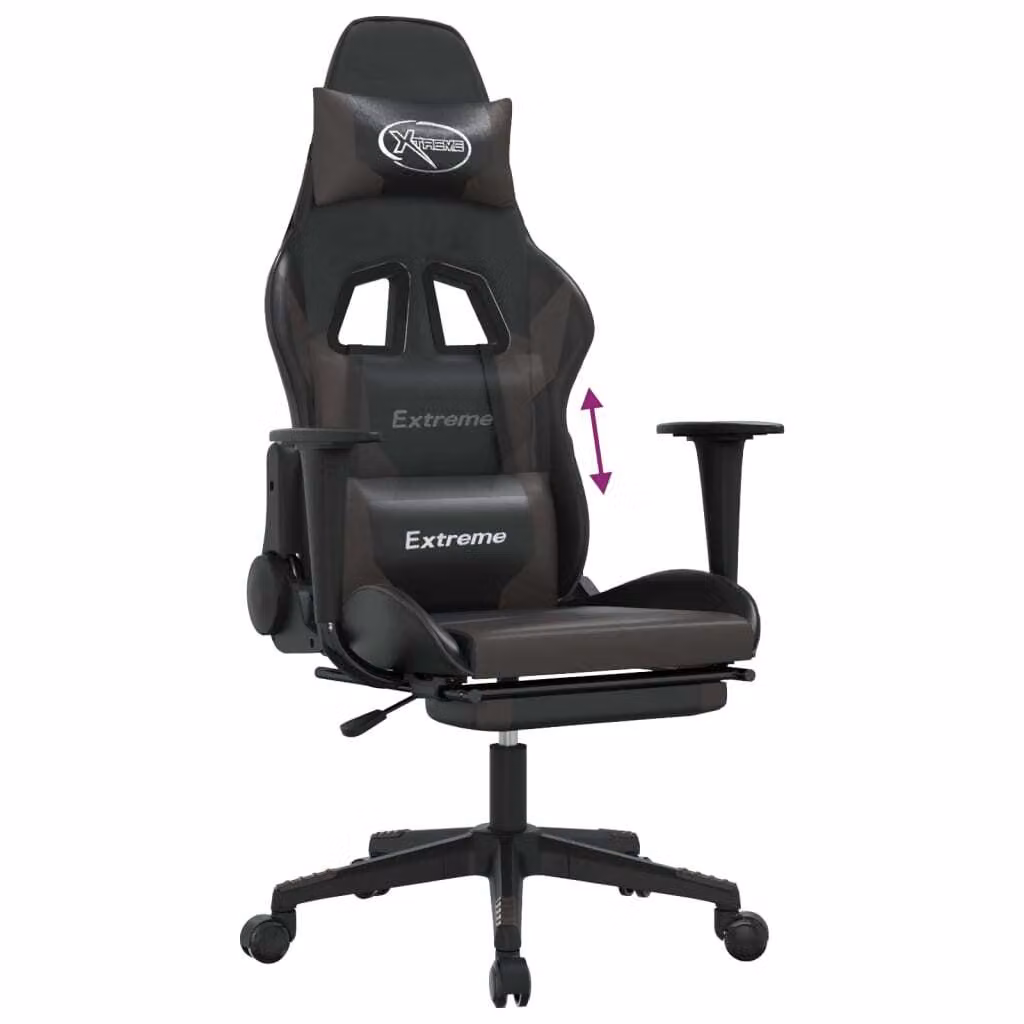 Sedia da Gaming con Poggiapiedi Nero e Grigio in Pelle finta