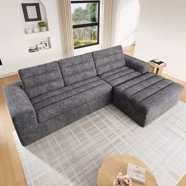 Divano angolare L componibile ¨C Minimal ¨C tessuto chenille grigio chiaro, senza montaggio