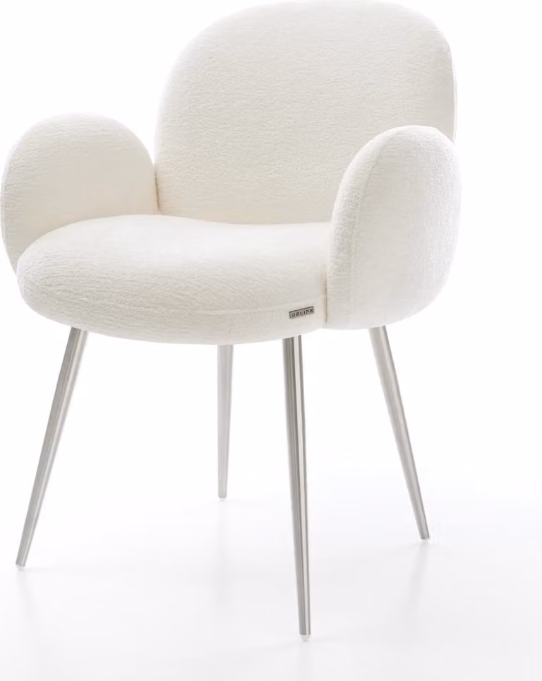 DELIFE Sedia da pranzo Nube-Flex con braccioli Bouclé Soft Beige Base a 4 elementi conici in acciaio inox con nucleo a molle insacchettate