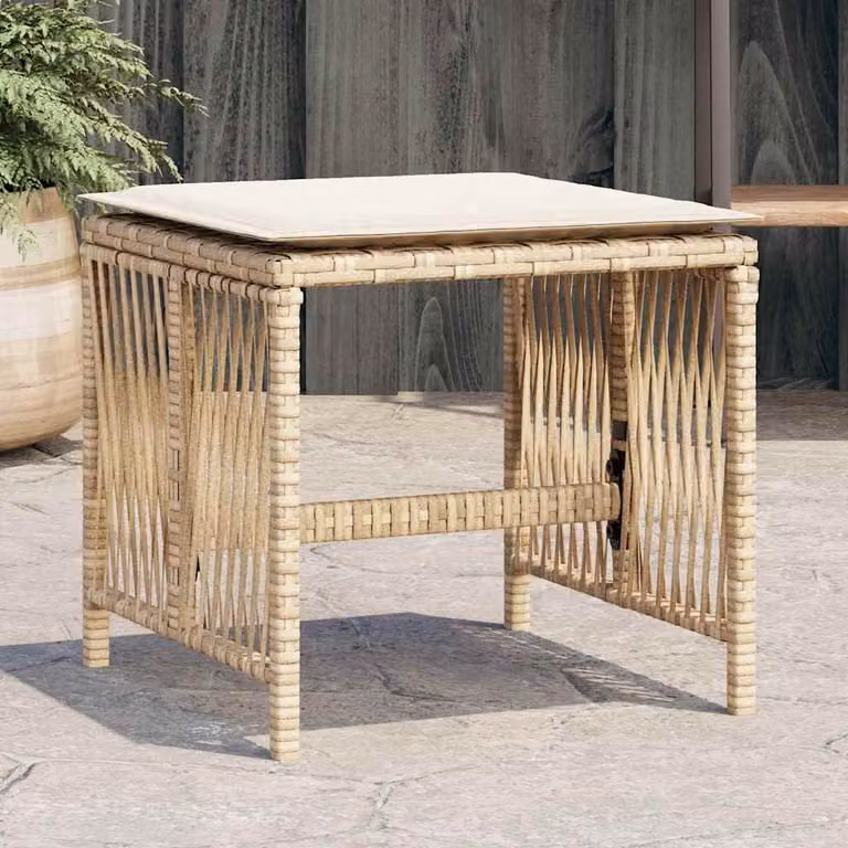 Set di 4 sgabelli da giardino vidaXL in polyrattan beige con cuscini, L/P/H: 41 x 41 x 36 cm