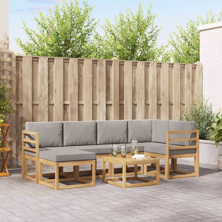 Set di divani da esterno vidaXL 7 pz in legno di acacia con cuscini Bianco e Grigio Chiaro