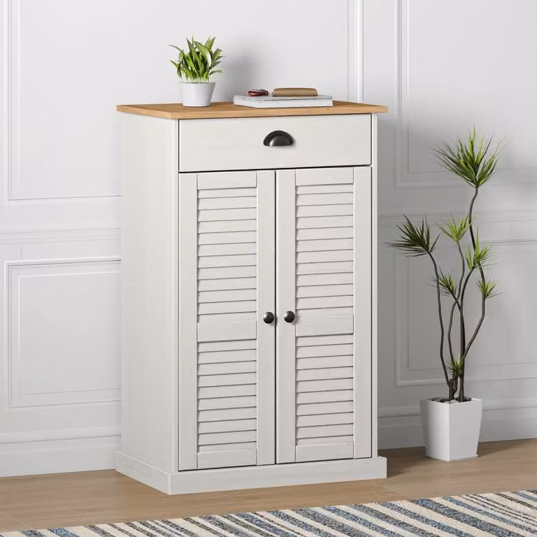Scarpiera vidaXL VIGO in legno di pino bianco, stile rustico, con ante a battente e ripiani interni, L: 60 cm, P: 35 cm, H: 96 cm