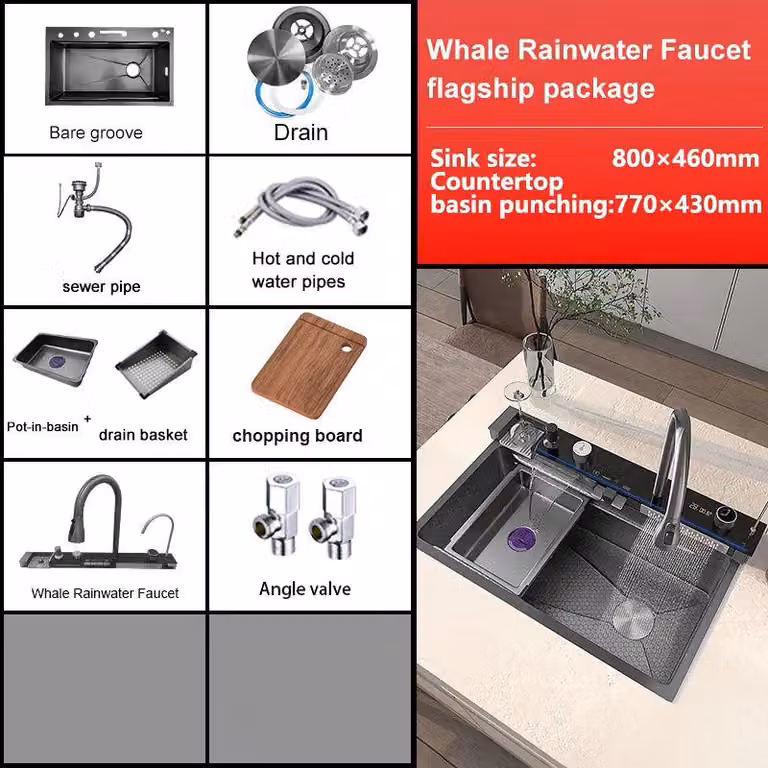 Lavello da cucina – Vasca in acciaio inossidabile – Opzione: rubinetto con erogatore a cascata – Display digitale – Extra grande