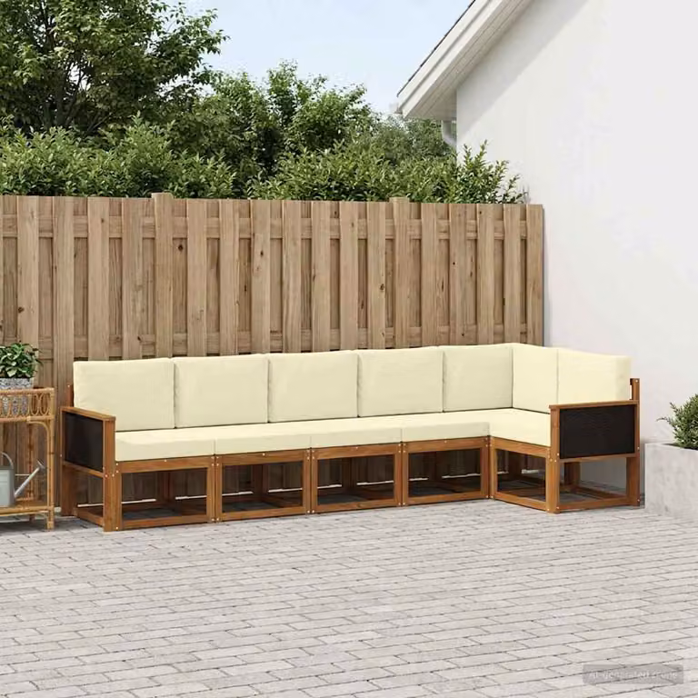 Set di divani da esterno vidaXL a forma di L composto da 6 pezzi in legno di acacia con cuscini, colori beige, bianco e marrone