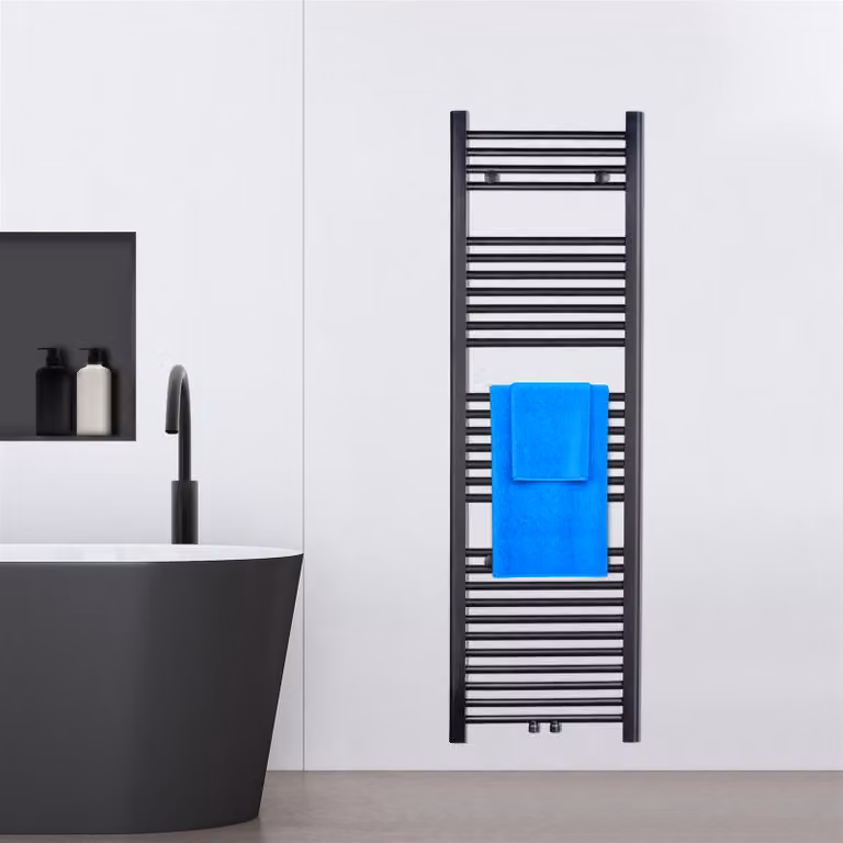 VILSTEIN radiatore da bagno, radiatore da bagno, radiatore per asciugamani attacco laterale e attacco centrale, radiatore piatto, radiatore da bagno piatto, radiatore per asciugamani da bagno, nero, 574W, 150x45 cm