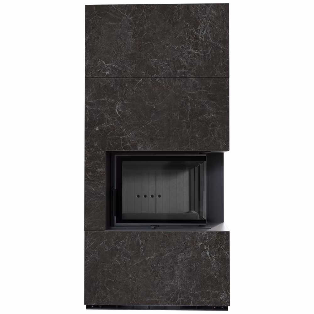 Kit caminetto KRATKI FLOKI BOX destro 8 kW Ø 160 Quarzo sinterizzato NATURALI NERO GRECO rivestimento nero