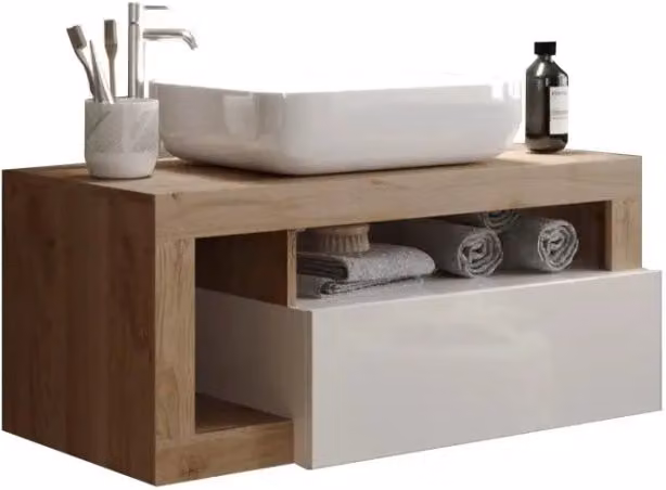 Mobile bagno sospeso con lavabo e cassetto, collezione BURA, bianco lucido/quercia chiara
