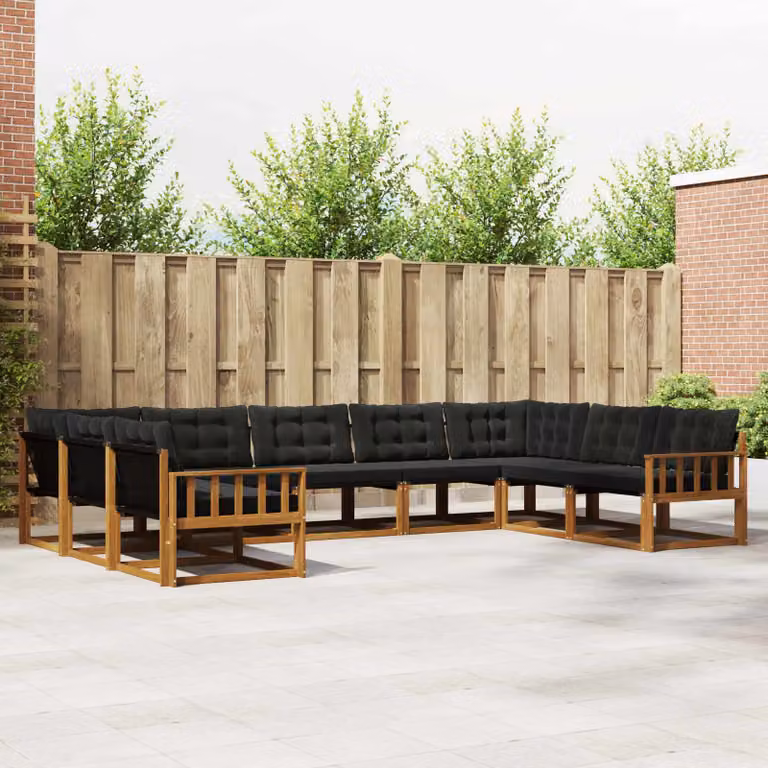 Set di divani da esterno vidaXL a forma di L composto da 9 pezzi in legno di acacia e tessuto textilene, colore marrone e nero, con cuscini inclusi