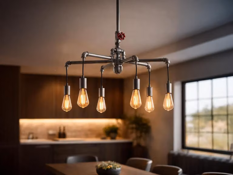 Lampadario AMARCORD in stile industriale con tubi dell'acqua, grigio, a 6 luci