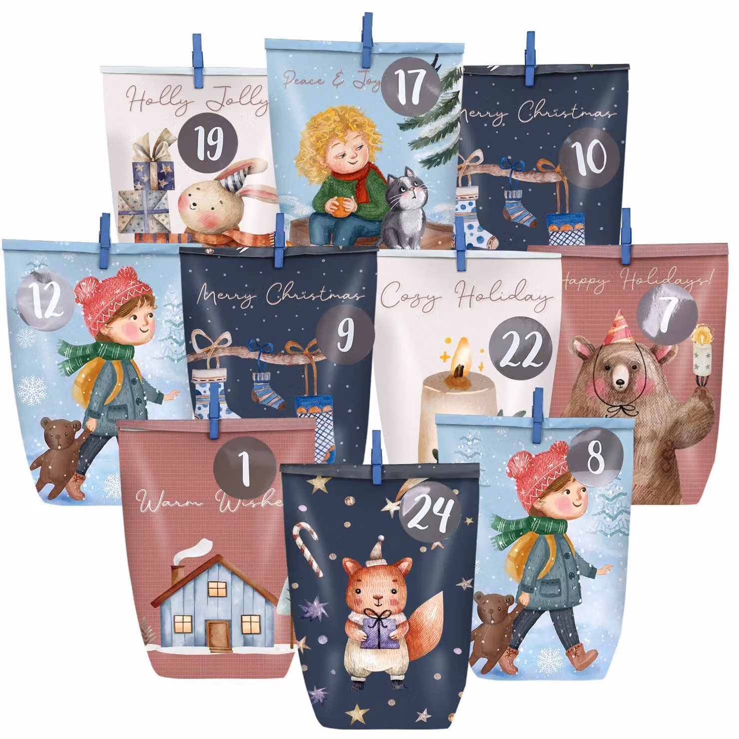 Calendari dell'Avvento da riempire, confezione da 24 pezzi, con adesivi numerati e graffette, sacchetti di carta, colore blu