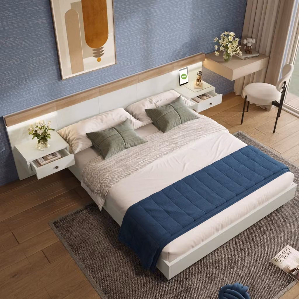 Letto REDOM moderno con 2 comodini, porte USB/Tipo C e LED, Bianco e Rovere, L/P/H: 140 x 200 x 90.5 cm – 2