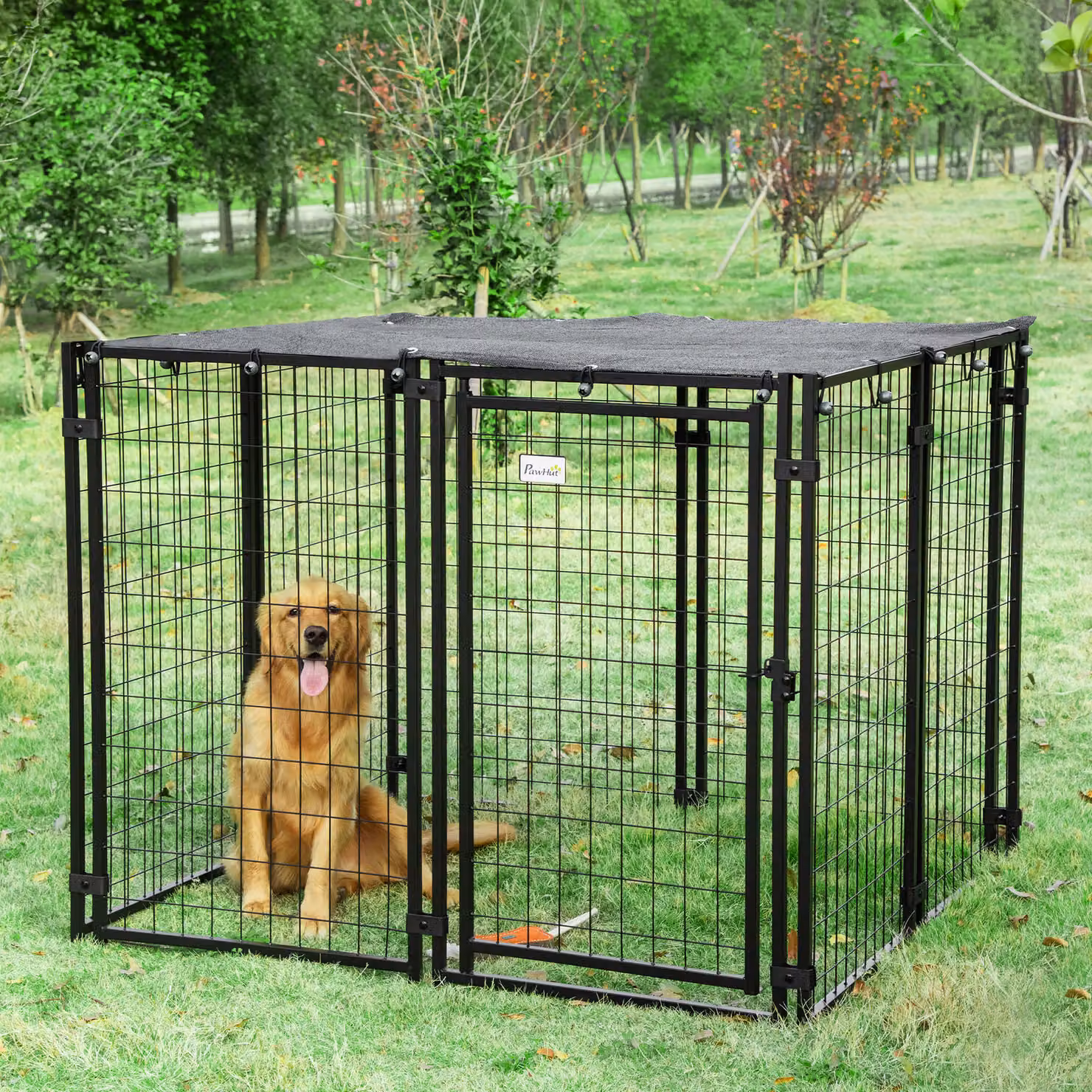 Recinto per cani PawHut in acciaio pieghevole con copertura e porta bloccabile, 8 pannelli, Nero, L 141 x P 141 x H 113 cm – 2