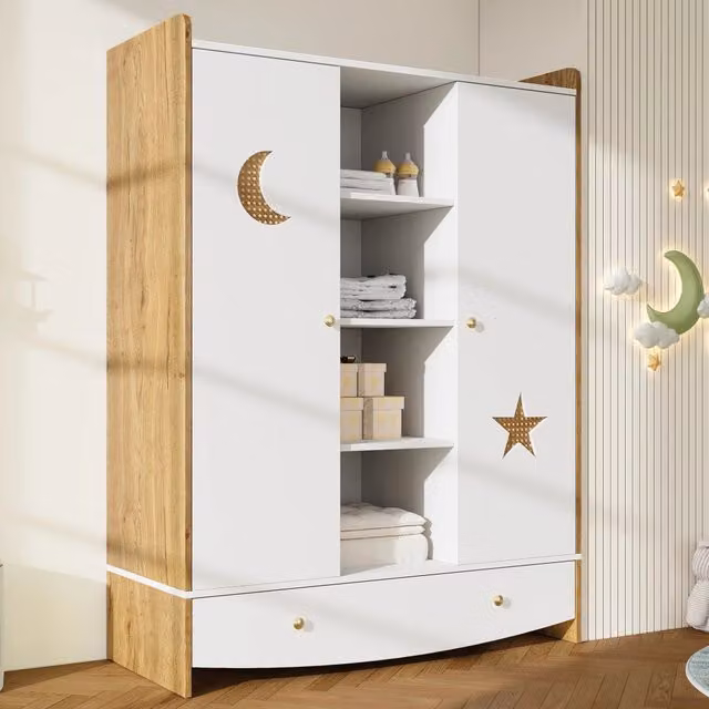 Armadio bambini 120 x 50 x 160 cm; 2 ante; 2 barra appendiabitis; per la casa moderna; mobile salvaspazio; pratico; bianco e effetto legno