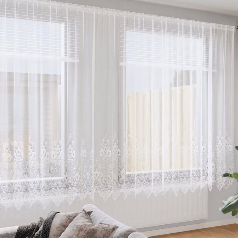 Tenda in pizzo bianca vidaXL con motivo floreale in poliestere semitrasparente L: 600 cm, H: 220 cm