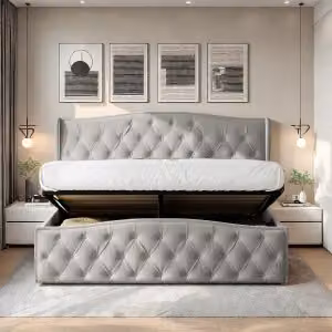 UnboxG Letto imbottito 140x200cm con rete a doghe, letto a molle idrauliche con rete e testiera, letto contenitore letto funzionale letto matrimoniale grigio velluto