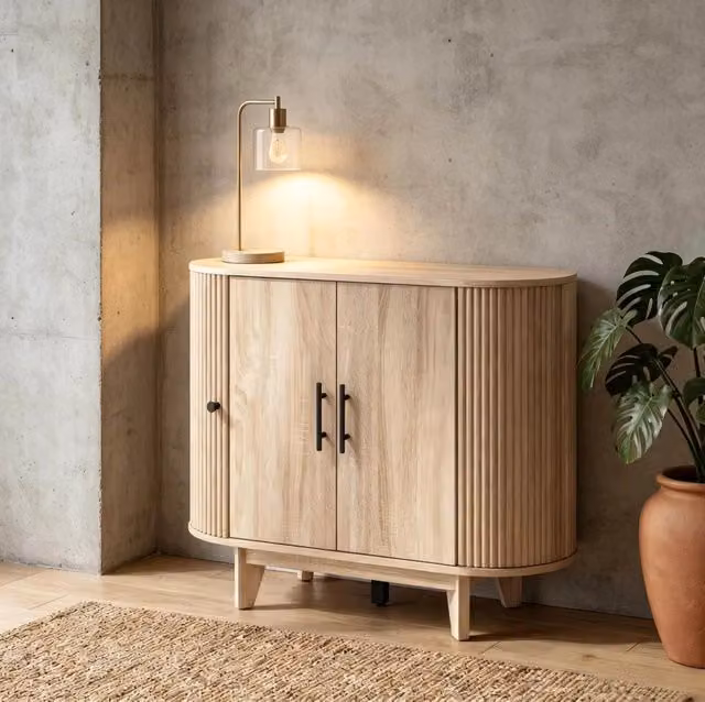 Credenza contenitore in MDF effetto legno naturale con ripiani regolabili