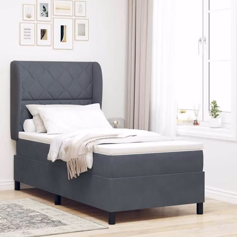 Letto a molle con cuscini, colore grigio scuro, 190 x 90 cm, rivestito in velluto