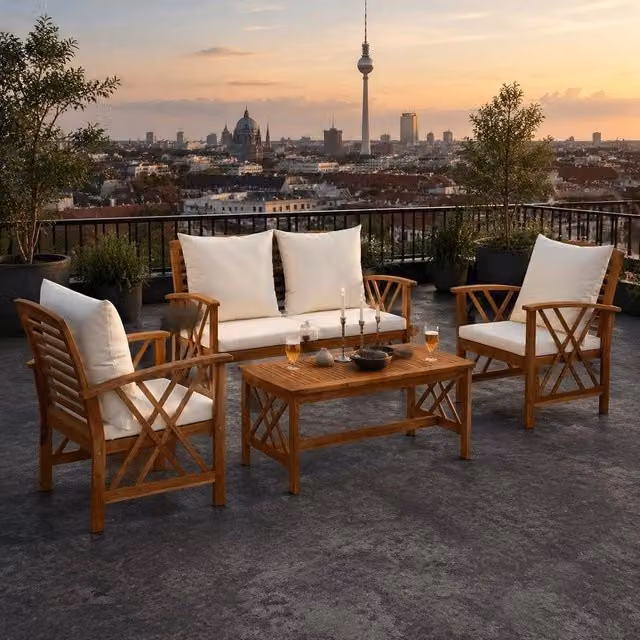 4-piece Garden Lounge Set With Cushions Made Of Solid Acacia Wood