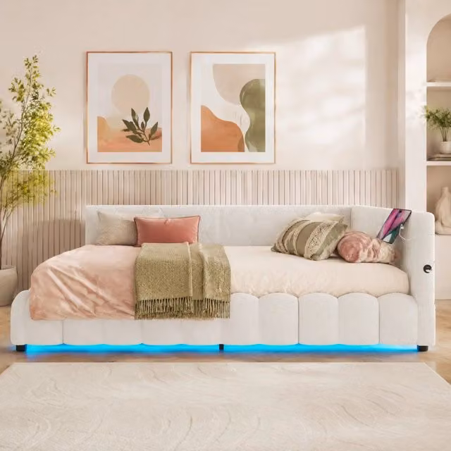 Letto daybed MODFU con contenitore a sollevamento, illuminazione LED sottostante, porte di ricarica USB e Type-C, rivestimento in tessuto bianco e multicolore, L/P/H: 213.5 x 140 x 73 cm